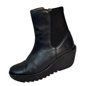 Fly London  Yuan Black Leather and Neoprene Wedge Boots size 39/8.5